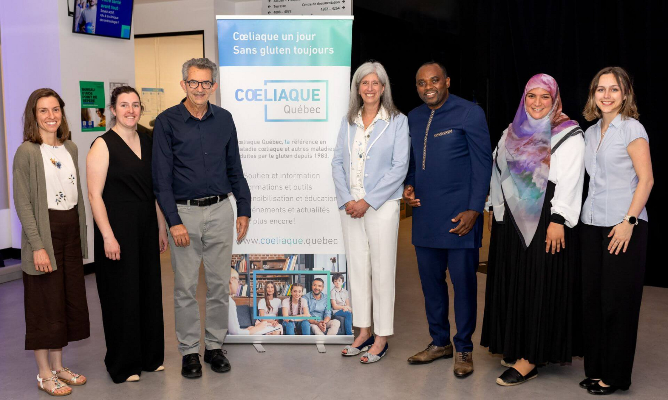 Christine Desjardins, nutritionniste - Cœliaque Québec; Maude Perreault, professeure et chercheure, Dép. nutrition - Faculté de Médecine, Université de Montréal; Ahmed Maherzi, directeur Bureau de la responsabilité sociale - Faculté de Médecine, Université de Montréal; Edith Lalanne, directrice Générale - Cœliaque Québec; Prévost Jantchou, gastro-pédiatre, chercheur - CHU Sainte-Justine et Université de Montréal; Saja Farhat, chargée de projet, Bureau de la responsabilité sociale - Faculté de Médecine, Université de Montréal; Chloé Vaccarino, étudiante en médecine - Faculté de Médecine, Université de Montréal.