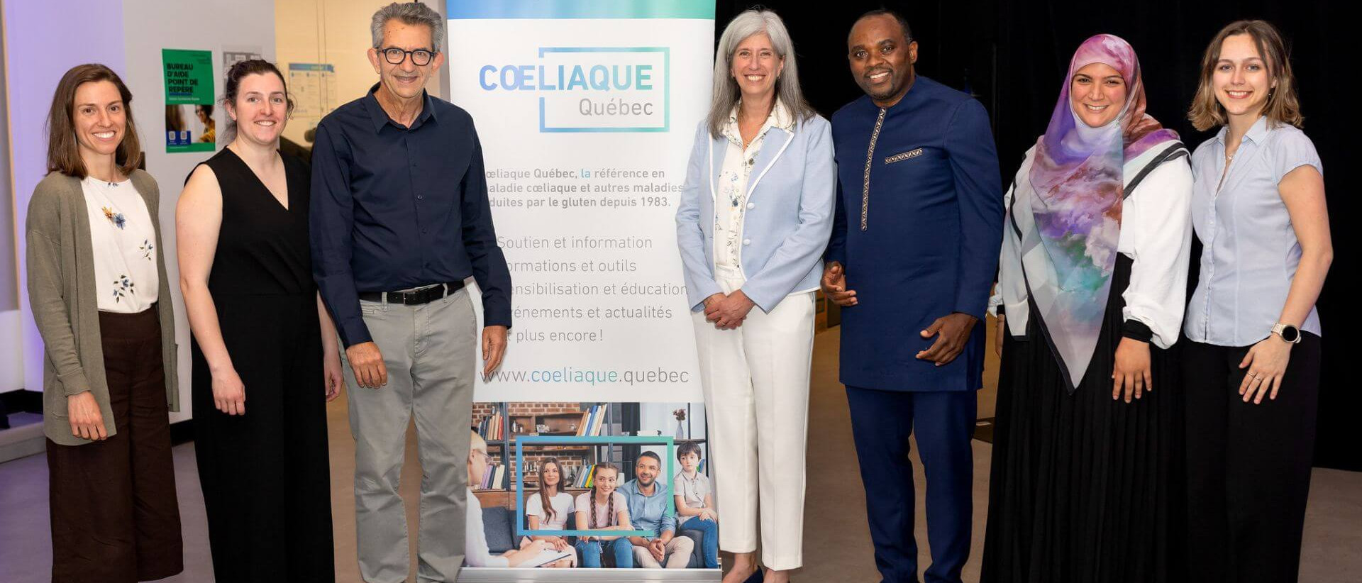 Christine Desjardins, nutritionniste - Cœliaque Québec; Maude Perreault, professeure et chercheure, Dép. nutrition - Faculté de Médecine, Université de Montréal; Ahmed Maherzi, directeur Bureau de la responsabilité sociale - Faculté de Médecine, Université de Montréal; Edith Lalanne, directrice Générale - Cœliaque Québec; Prévost Jantchou, gastro-pédiatre, chercheur - CHU Sainte-Justine et Université de Montréal; Saja Farhat, chargée de projet, Bureau de la responsabilité sociale - Faculté de Médecine, Université de Montréal; Chloé Vaccarino, étudiante en médecine - Faculté de Médecine, Université de Montréal.