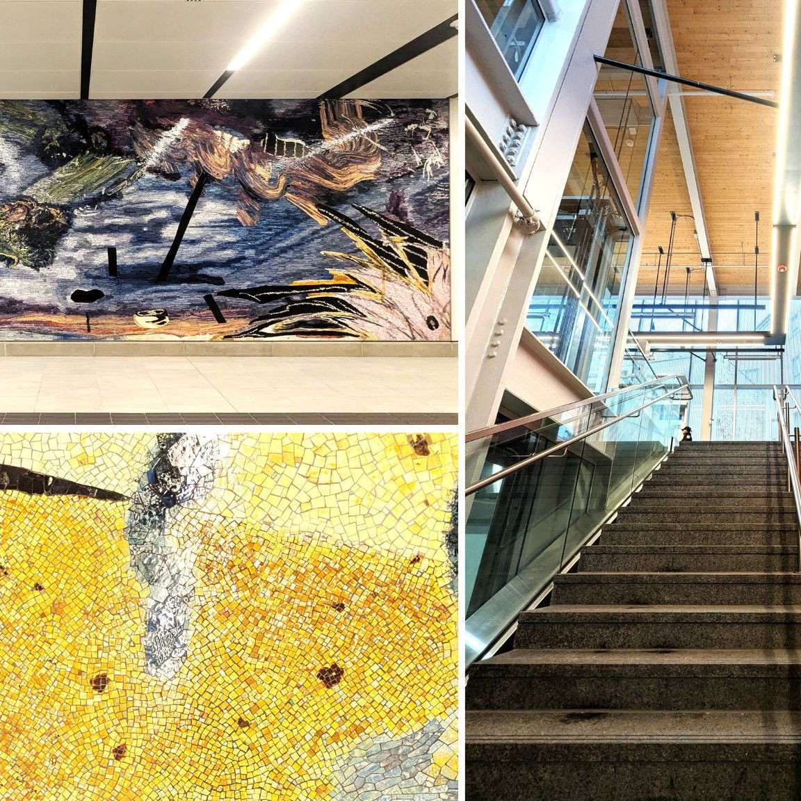 À gauche: les œuvres de Manuel Mathieu à la station Édouard-Montpetit; à droite: l'intérieur de la station Édouard-Montpetit