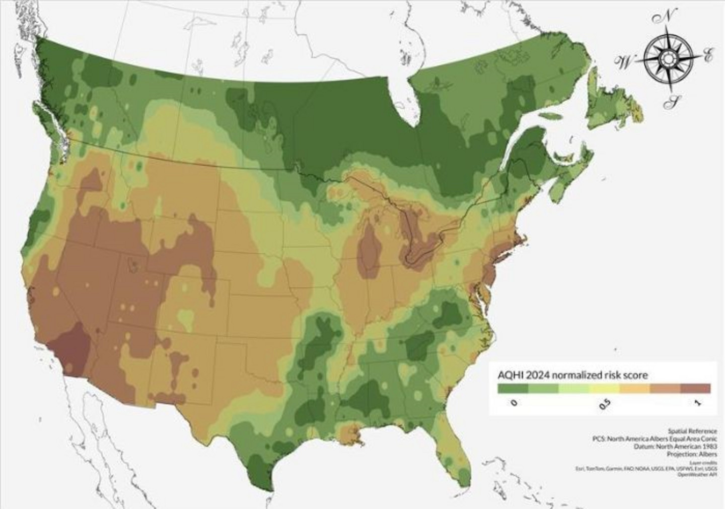 Carte du risque de mortalité des abeilles pour 2024 au Canada et aux États-Unis
