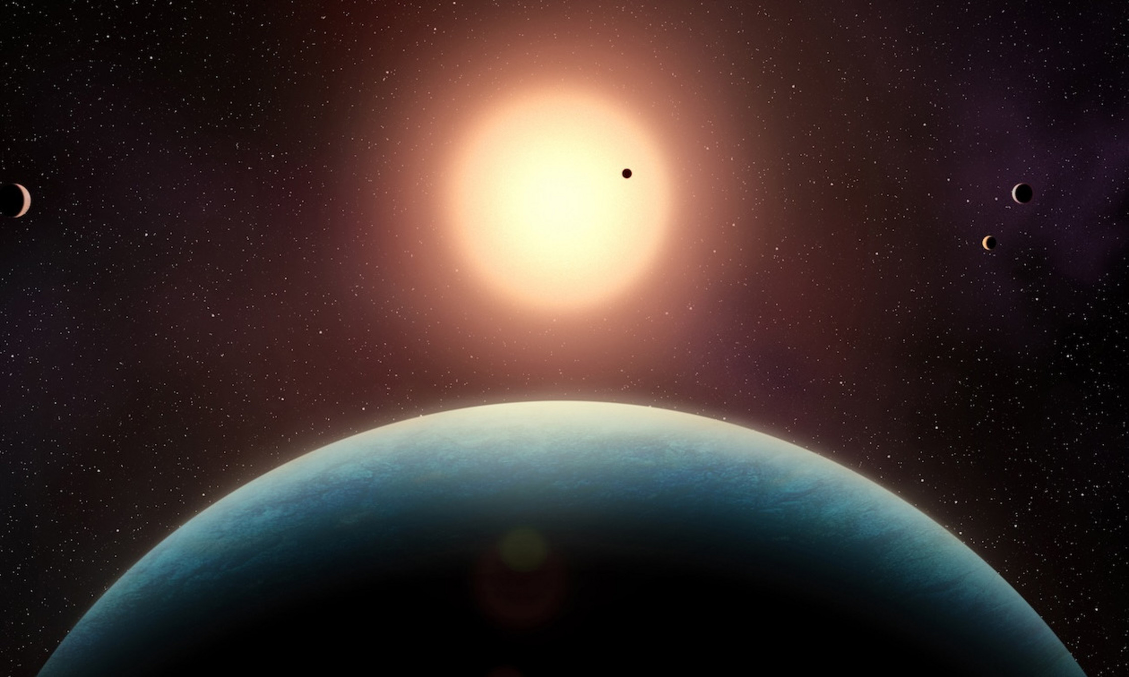 Illustration of the planetary system of L 98-59. Five small exoplanets orbit closely around this red dwarf star, located 35 light-years away. In the foreground is the habitable-zone super-Earth L 98-59 f, whose existence was conùfirmed in this study. Credit: Benoît Gougeon/UdeM