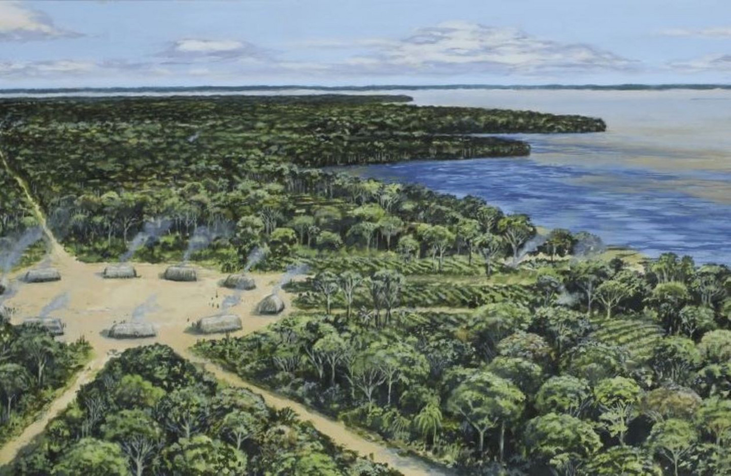 1/3 L’image montre un village autochtone traditionnel précolonial (1500 EC) en Amazonie avec un accès à la rivière et des cultures plantées dans la forêt tropicale.