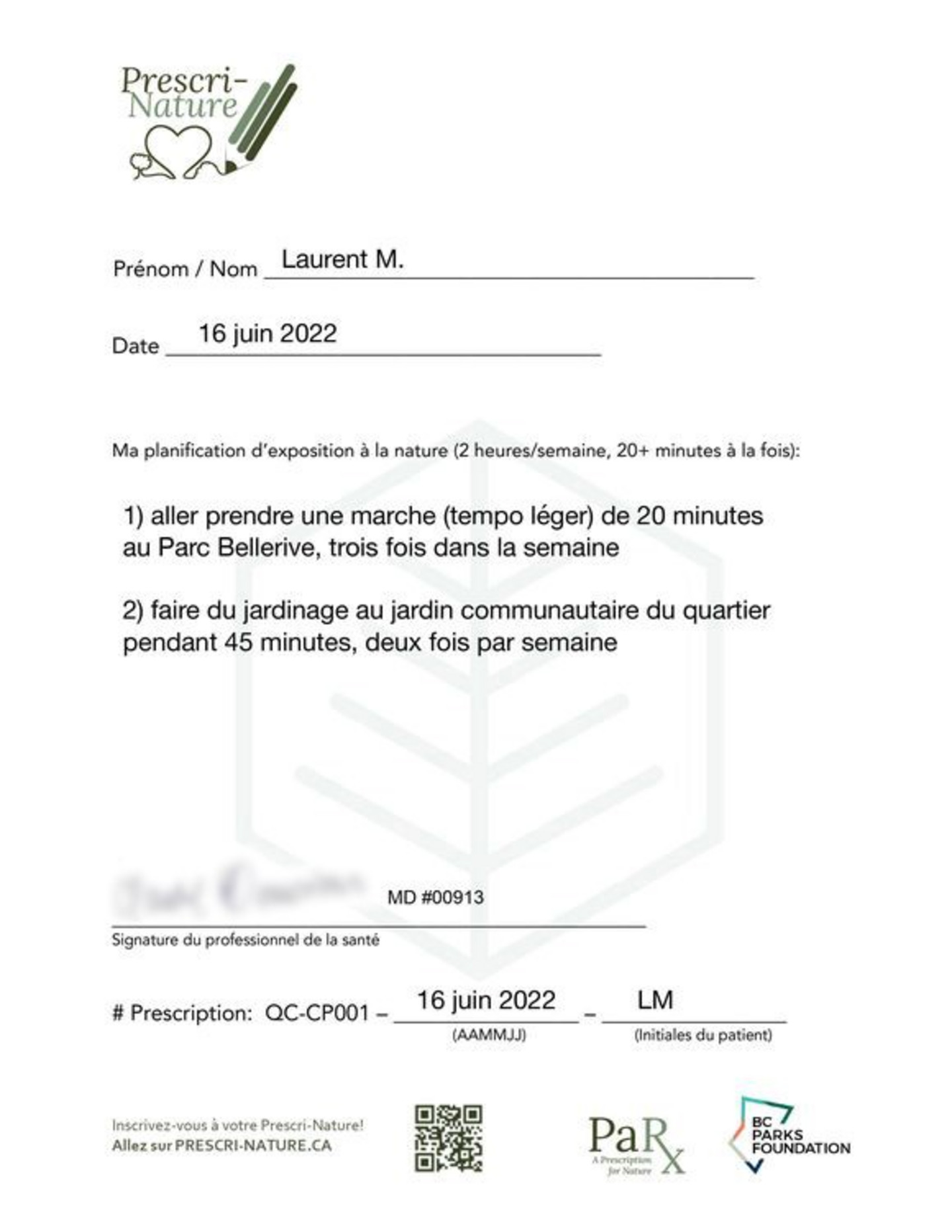 Première prescription de temps en nature signé par la Dre Claudel Pétrin-Desrosiers.