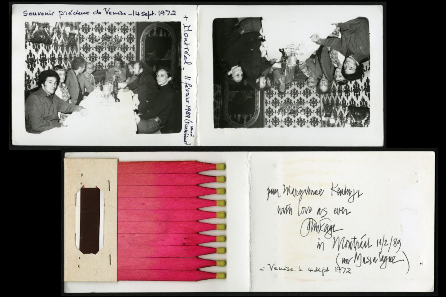 Paquet d’allumettes imprimé avec une photographie de Maryvonne Kendergi, John Cage et des amis à Venise en 1972, ensuite signé par John Cage en 1989.