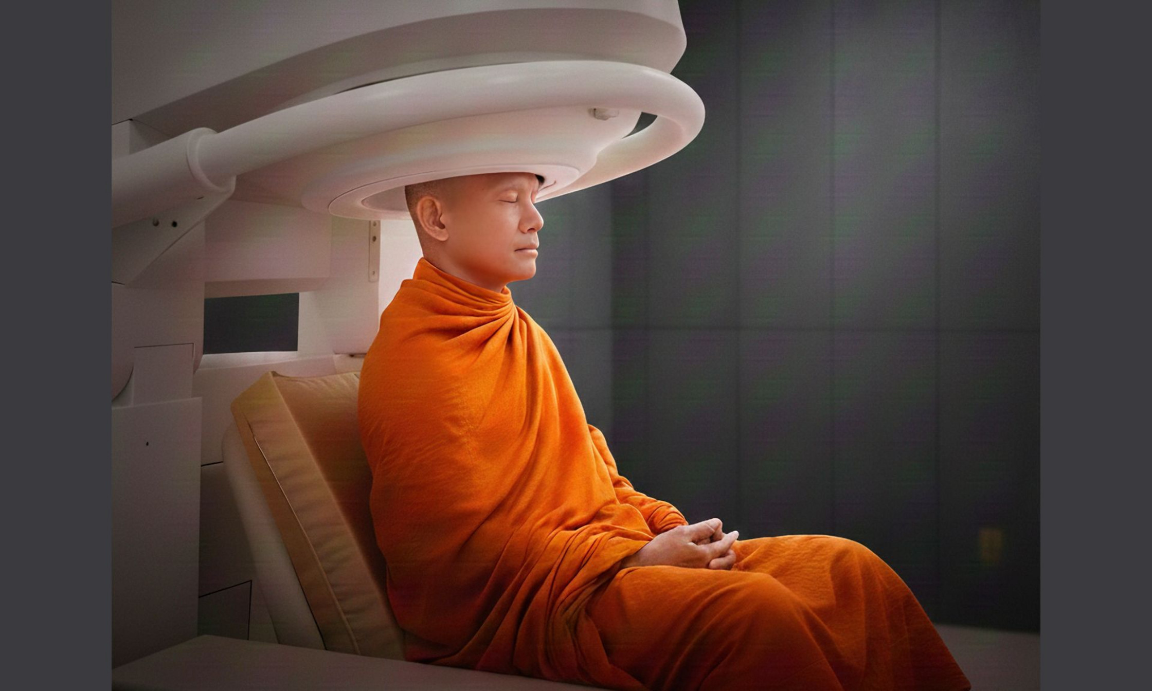 Un moine bouddhiste issu de la tradition forestière thaïlandaise dans une installation de magnétoencéphalographie (MEG). Cette image a été créée à l’aide d'un programme d'intelligence artificielle générative à des fins illustratives.