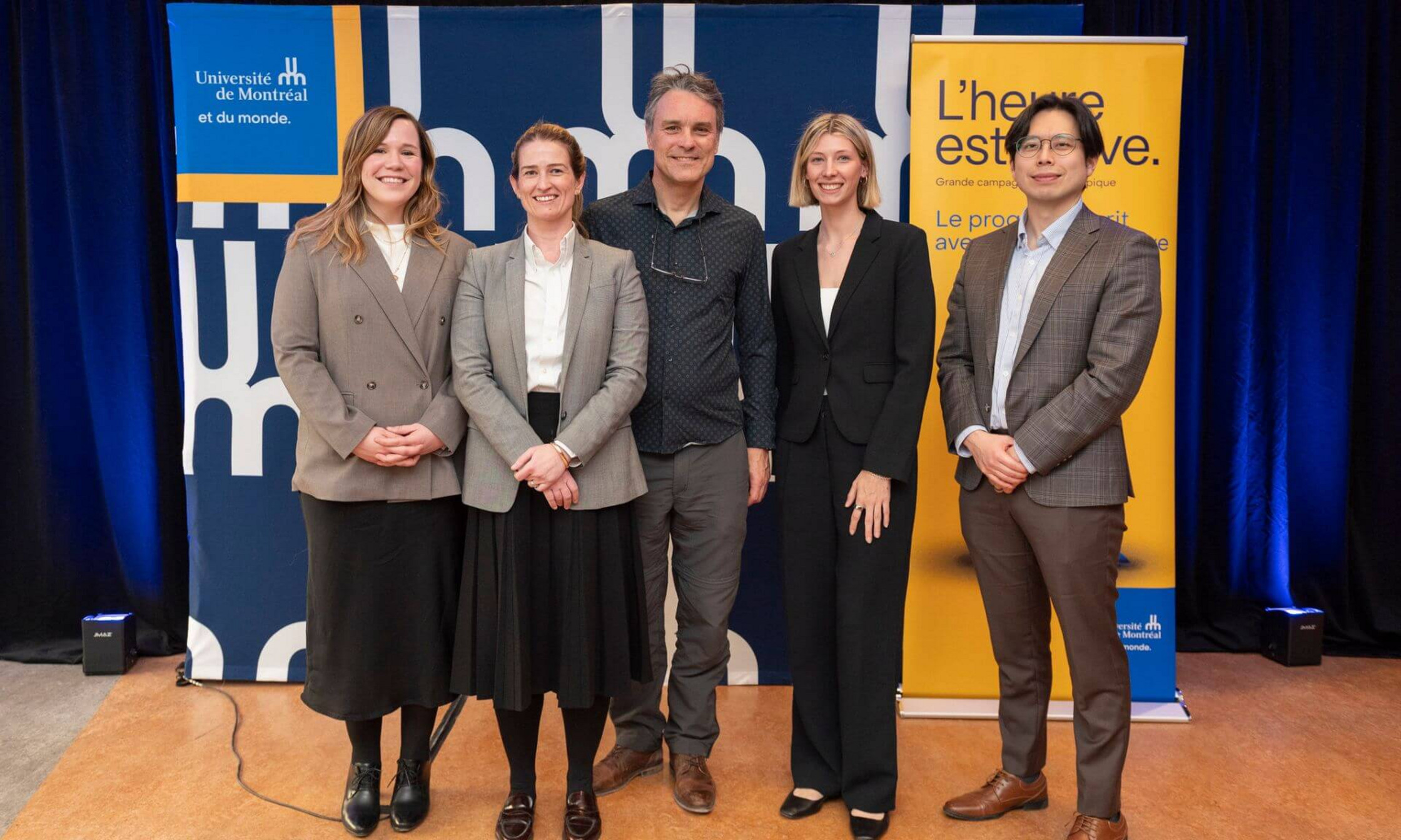 From left to right: Riley Krembil, Chief Operating Officer of the Krembil Foundation; Kate Williams, Chief Scientific Officer of the Krembil Foundation; Louis-Éric Trudeau, professor in the Department of Pharmacology and Physiology at Université de Montréal and researcher at the Courtois Institute of Biomedical Innovation; Reese Whitaker, Research Program Coordinator at the Krembil Foundation; and Tae Joon Yi, Associate Director of the Krembil Foundation.