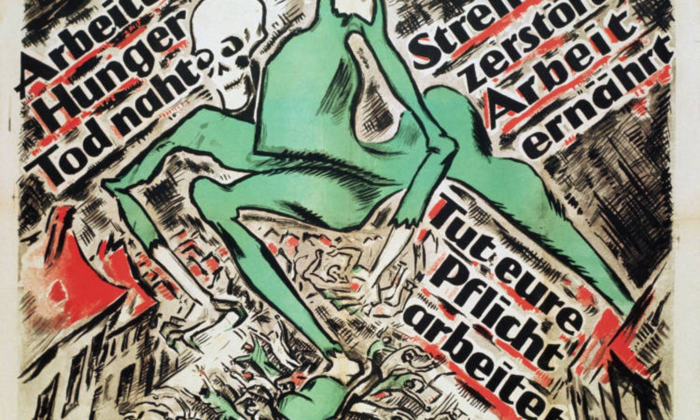 «Travailleurs, la faim et la mort approchent. Les grèves détruisent, le travail nourrit. Faites votre devoir: travaillez!» «Travailleurs. La faim et la mort approchent. Les grèves détruisent, le travail nourrit. Faites votre devoir travaillez»