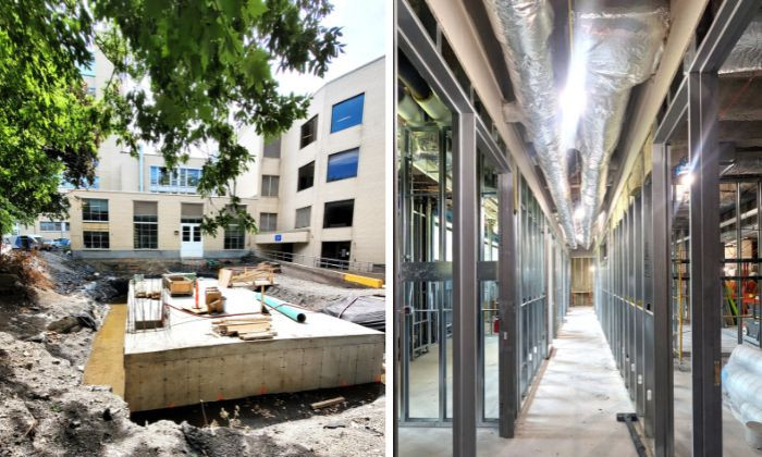 À gauche: installation de bassins de rétention au pavillon Marguerite-D’Youville; à droite: travaux majeurs, mise aux normes et réaménagement intérieur dans le cadre du projet de réaffectation des espaces au pavillon Marie-Victorin.