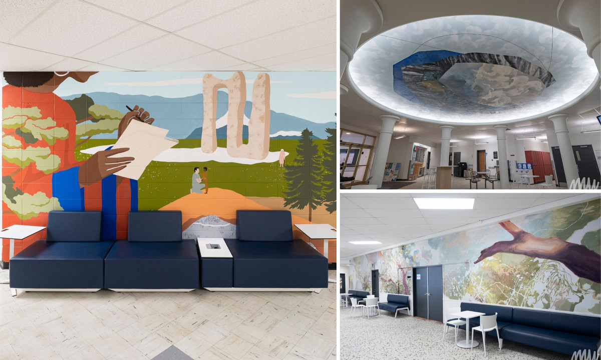 Les murales Le jardin des savoirs, de Clara Tissot, Le ciel abstrait, de Mélissa Del Pinto et Breath of Spring, de James Lee Chiahan