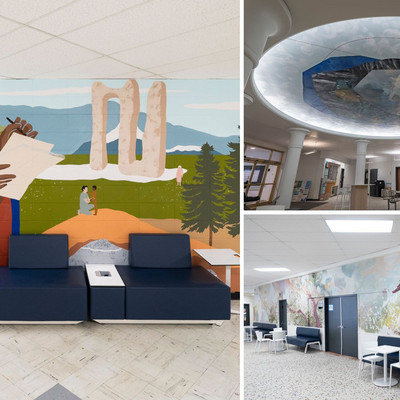 Les murales Le jardin des savoirs, de Clara Tissot, Le ciel abstrait, de Mélissa Del Pinto et Breath of Spring, de James Lee Chiahan
