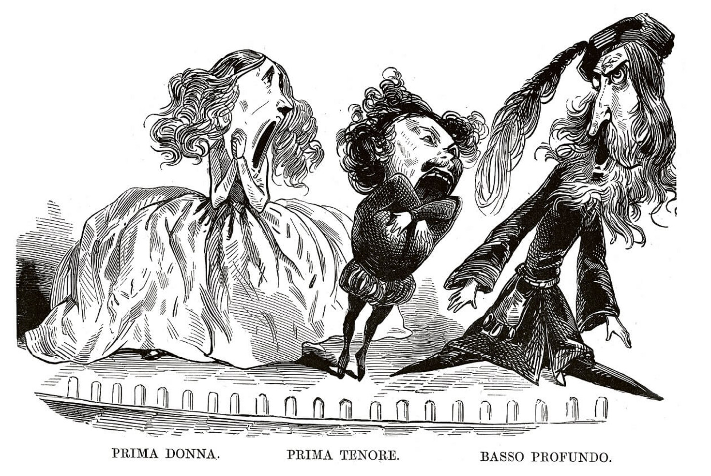 Vieille illustration d'une caricature de chanteurs d'opéra, Prima donna, Prima tenore, Basso profundo, par Gustave Doré, Victorian 1860s