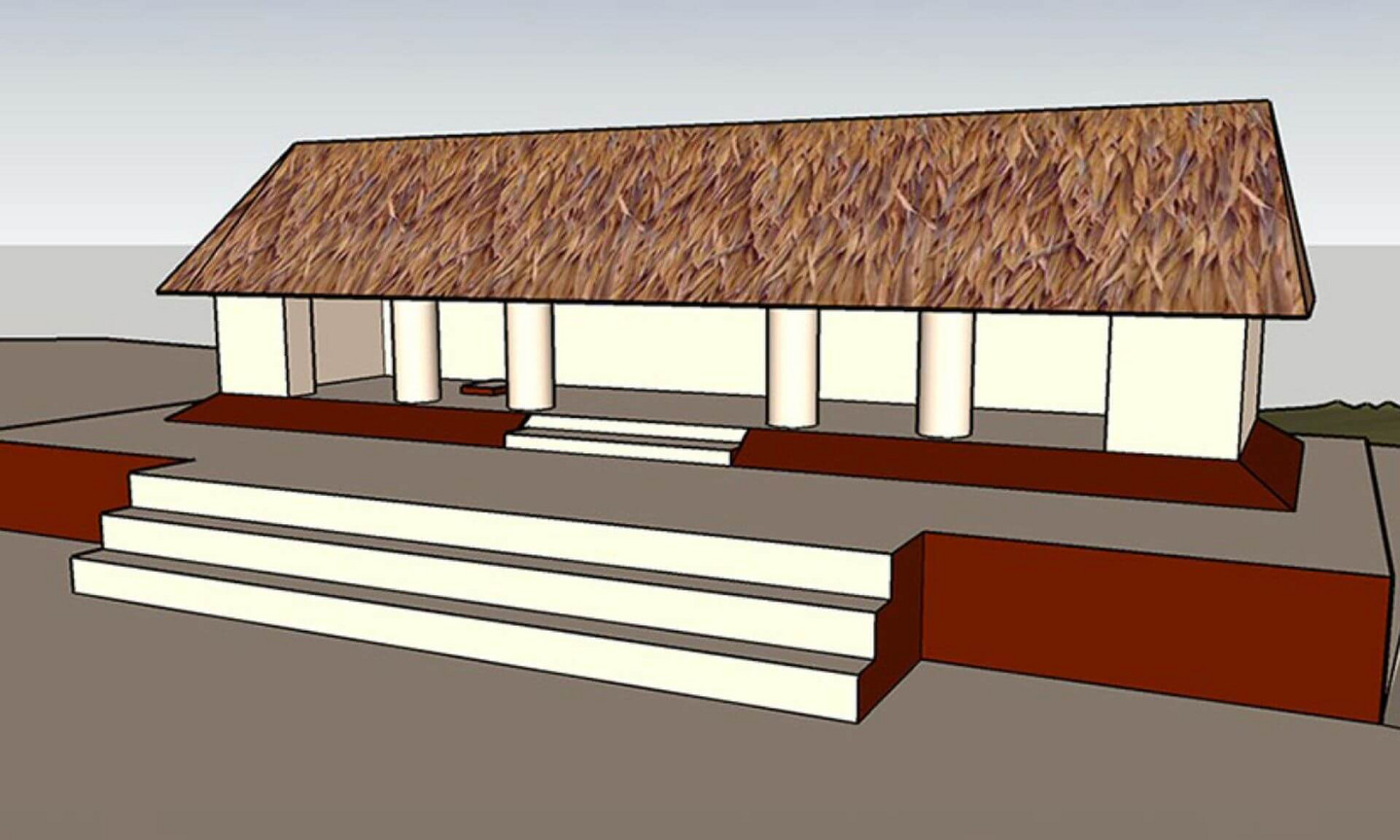 Reconstitution en 3D du bâtiment du conseil, ouvert et bordé de colonnades