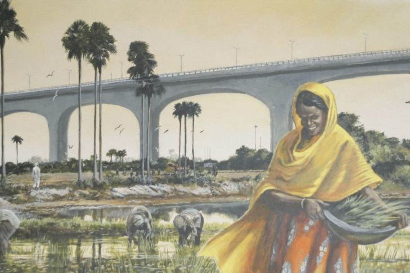 2/3 L'image illustre une scène actuelle avec un mélange de riziculture traditionnelle et d’installations modernes qui existe dans de nombreux pays du Sud.