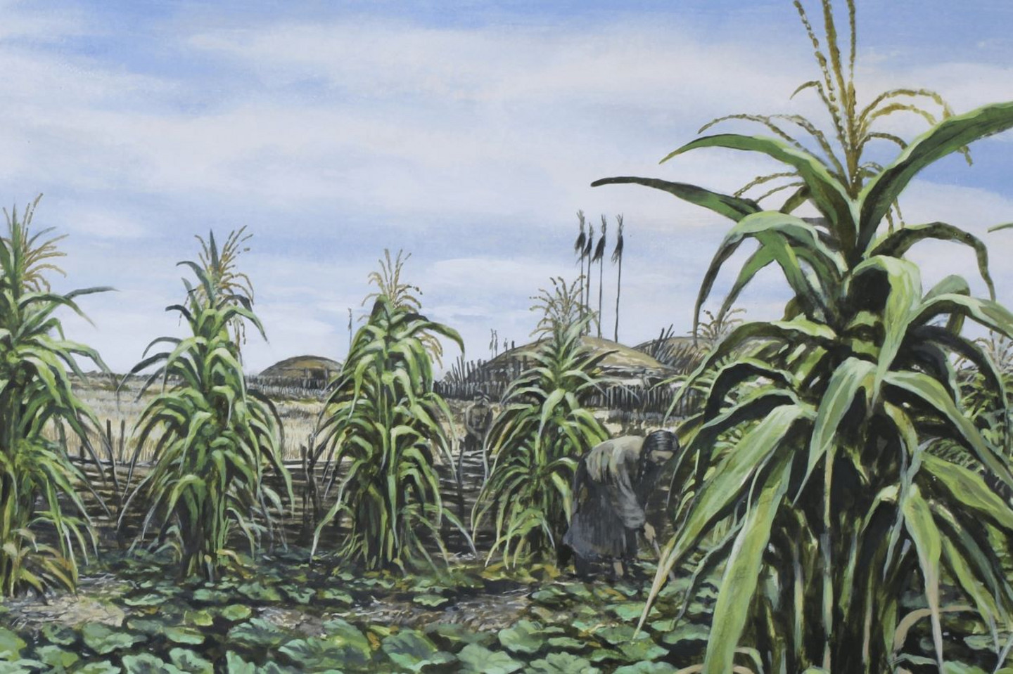 1/3 Le tableau est basé sur les villes et communautés autochtones d’avant la colonisation au Kansas, avec des constructions et une agriculture diversifiée à base de maïs.