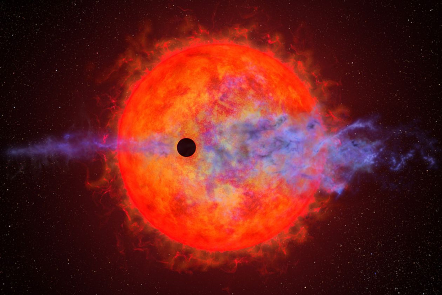 The research team detected very large temperature changes in AU Microscopii, a very active star that is surrounded by a disk of dust and has at least one orbiting planet, seen here in silhouette.