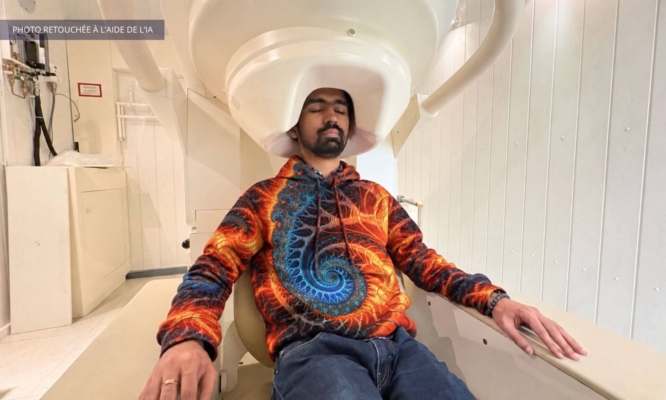 Le doctorant Venkatesh Subramani dans l'unité de magnétoencéphalographie (MEG) de l’Université de Montréal, portant un chandail à motif psychédélique.