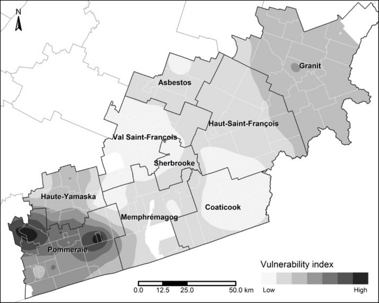 Vulnerability index for the various regions of the Eastern Townships, based on socio-behavioural and ecological risk levels.