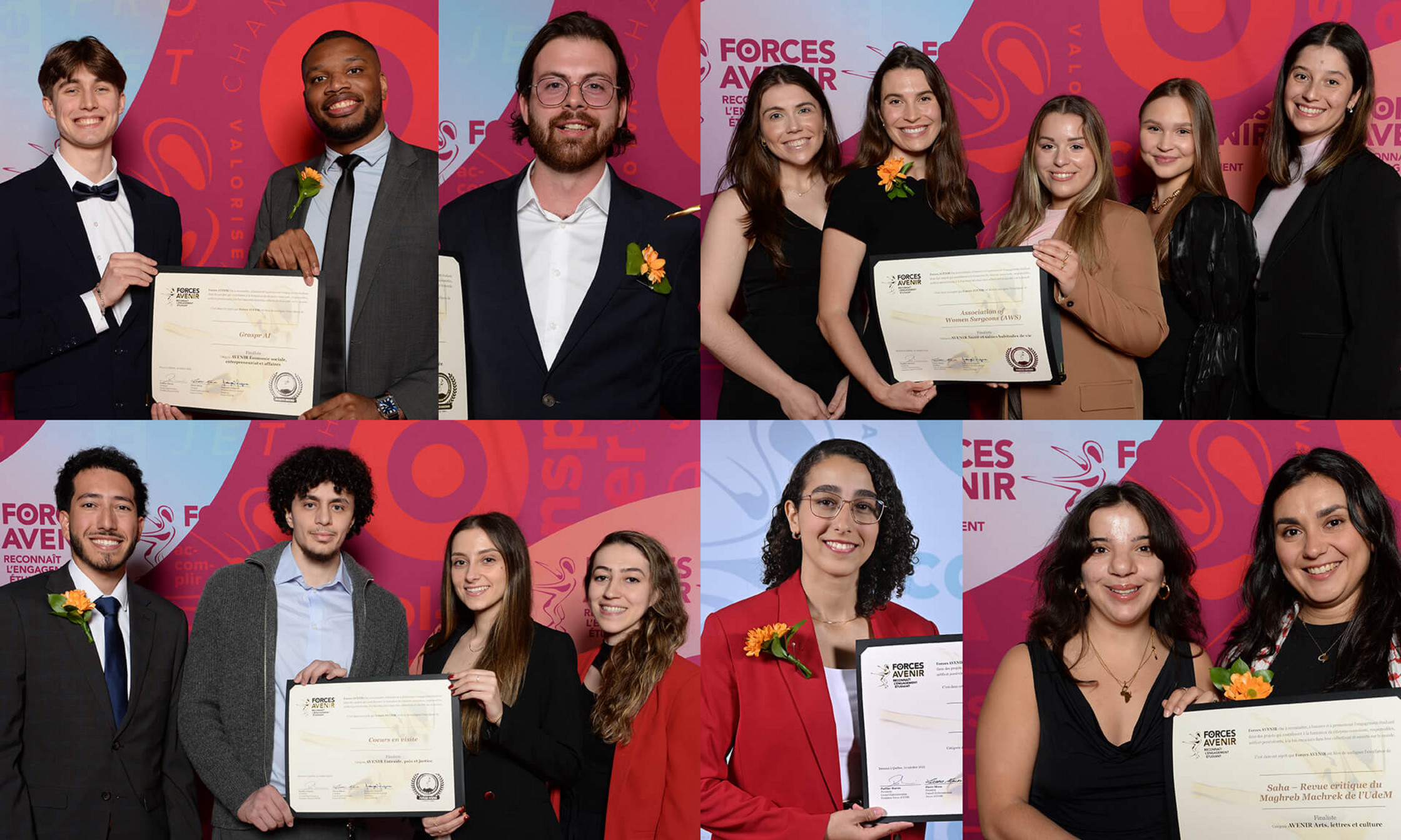 De gauche à droite: Représentants de Graspr AI (finaliste AVENIR Économie sociale, entrepreneuriat et affaires), Alexandre Petitclerc (lauréat AVENIR Personnalité 2e et 3e cycles), représentantes de Association of Women Surgeons – chapitre du campus de Montréal de l'UdeM (finaliste AVENIR Santé et saines habitudes de vie), représentants de Cœurs en visite (finaliste AVENIR Entraide, paix et justice), Rania El Ghayour (finaliste AVENIR Personnalité 1er cycle) et représentantes de Saha – Revue critique du Maghreb Machrek de l'UdeM (lauréat AVENIR Arts, lettres et culture).