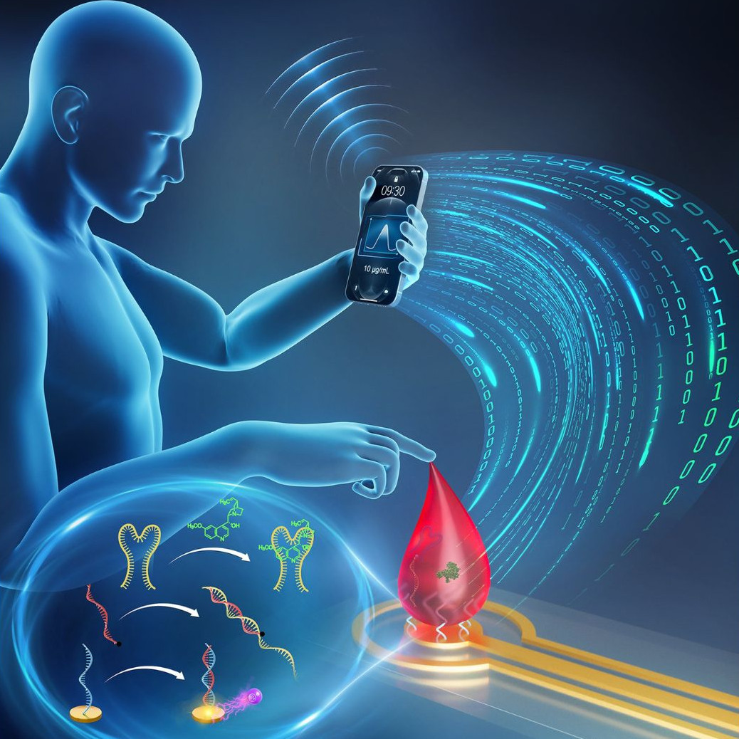 Le principe de détection de ces capteurs est simple: la molécule cible ou le médicament à surveiller (en vert sur l’illustration ci-dessus) interagit avec une molécule d’ADN spécifique appelée «aptamère» (en jaune). Lorsqu’il se lie à sa cible, cet aptamère ne peut plus inhiber une autre molécule d’ADN électroactive (en rouge), qui peut alors atteindre la surface d’une électrode et produire un courant électrochimique facilement détectable à l’aide d’un lecteur peu coûteux.