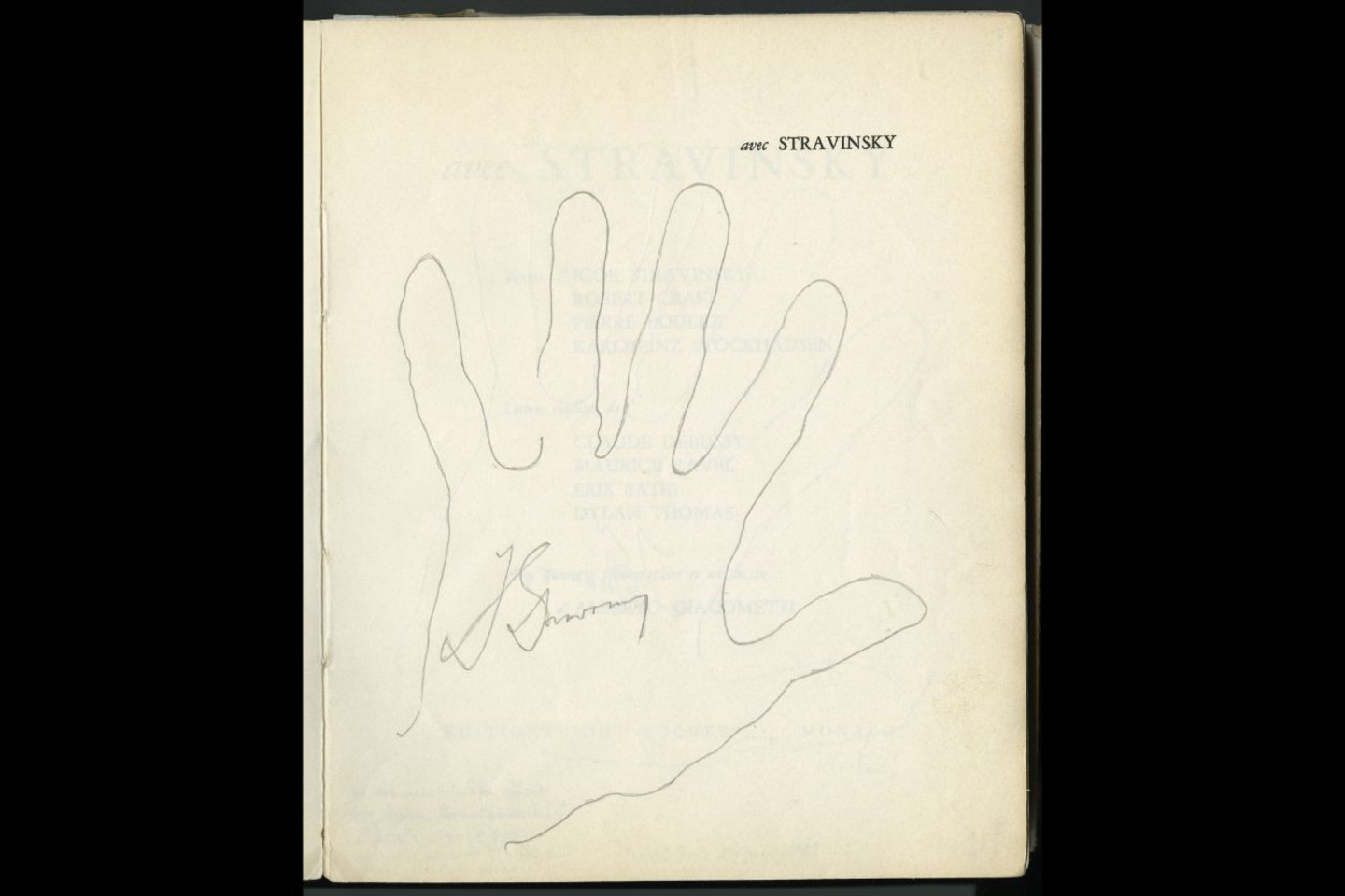 Signature et dessin de la main d’Igor Stravinsky dans le livre «Avec Stravinsky», 1962.