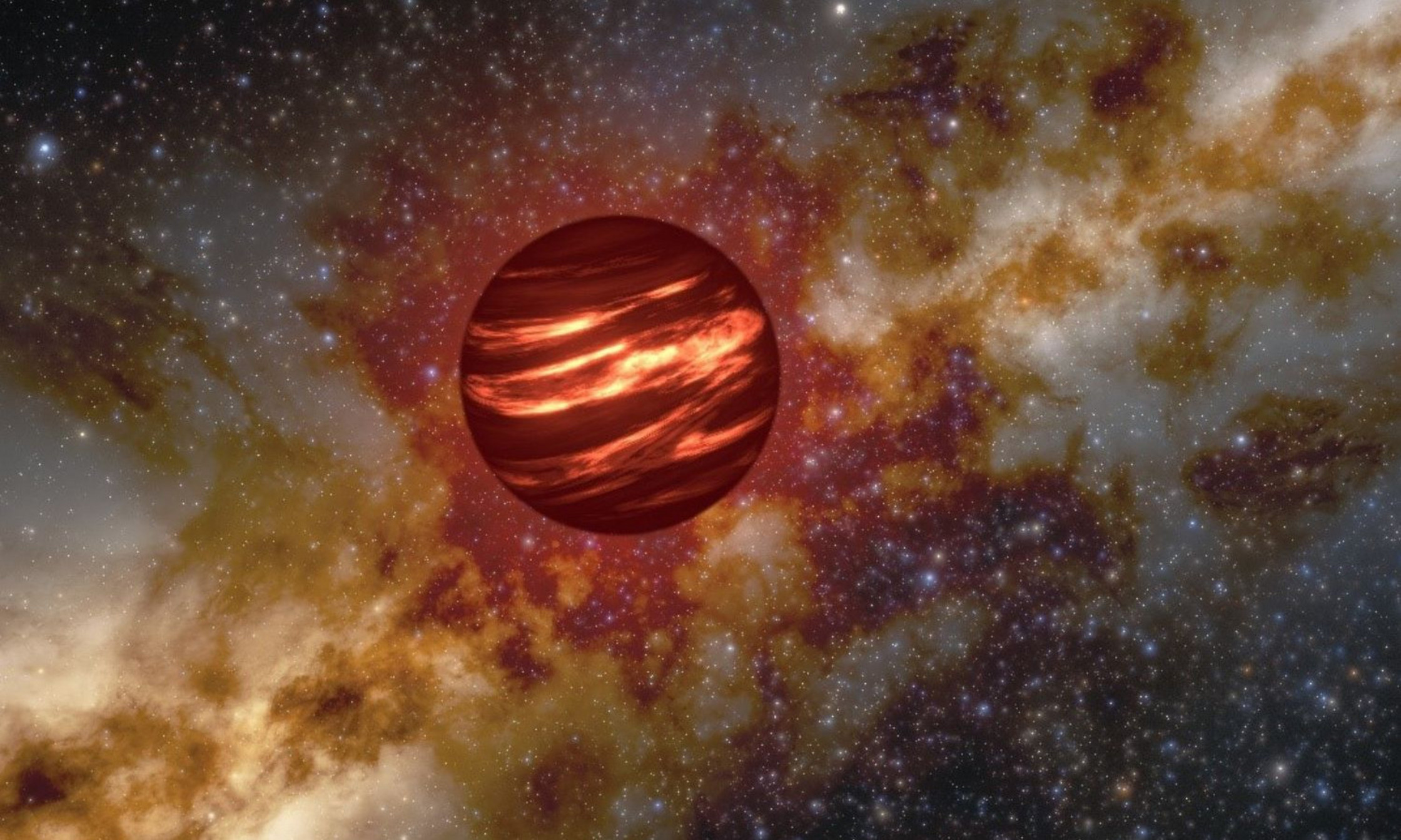 Ce concept d'artiste représente une naine brune, un objet plus grand qu'une planète, mais pas assez massif pour déclencher la fusion de son noyau comme une étoile. Les naines brunes sont chaudes lors de leur formation et peuvent briller comme celle-ci, mais avec le temps, leur température se rapproche de celle des planètes géantes gazeuses comme Jupiter.