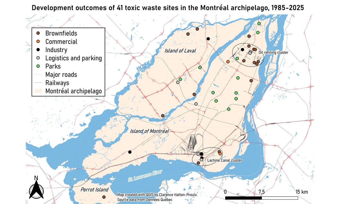 Localisation des 41 sites de déchets toxiques analysés par Clarence Hatton-Proulx, tous concentrés dans l'archipel de Montréal.