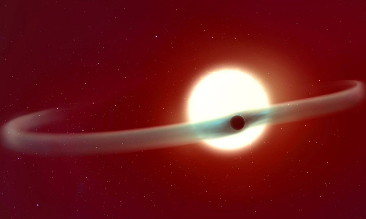 This artistic representation of exoplanet WASP-121 b shows its impressive double helium tail spanning nearly 60% of its orbit around its parent star.