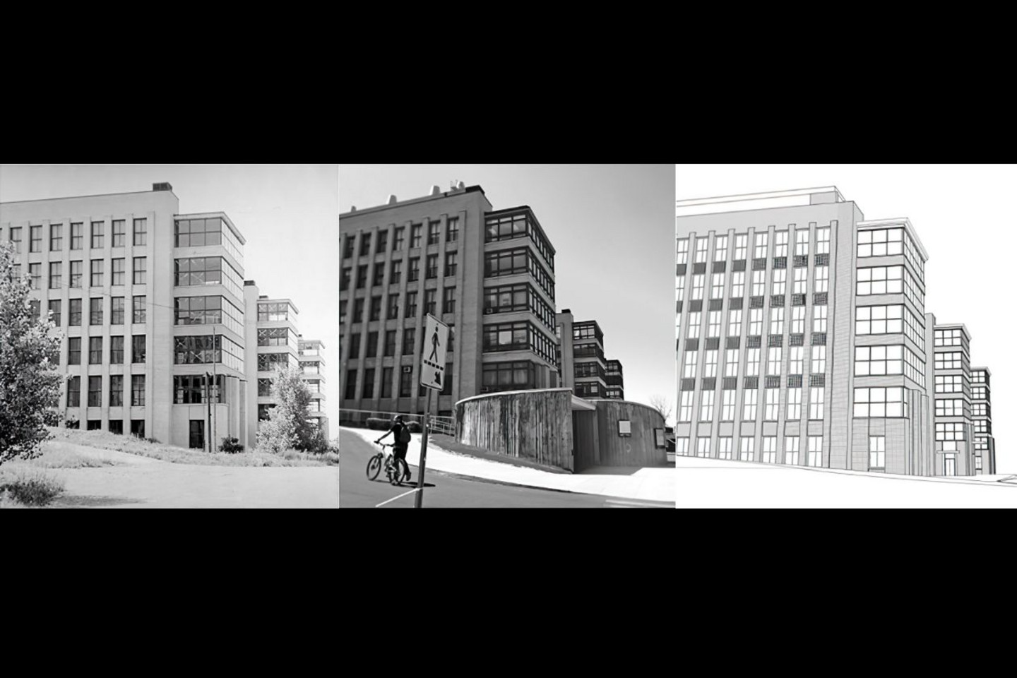 De gauche à droite, on peut observer les verrières au moment de la construction, avant la démolition de cet automne et une illustration en perspective de ce dont elles auront l’air une fois les travaux achevés.