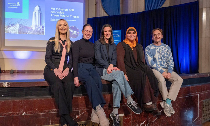 The winners of the science communication contests “Ma thèse en 180 secondes” and “Three Minute Thesis”: Karlee Lefebvre, Florence Piché, Gabrielle Cadotte, Lyna Hanafi, and William Jubinville.