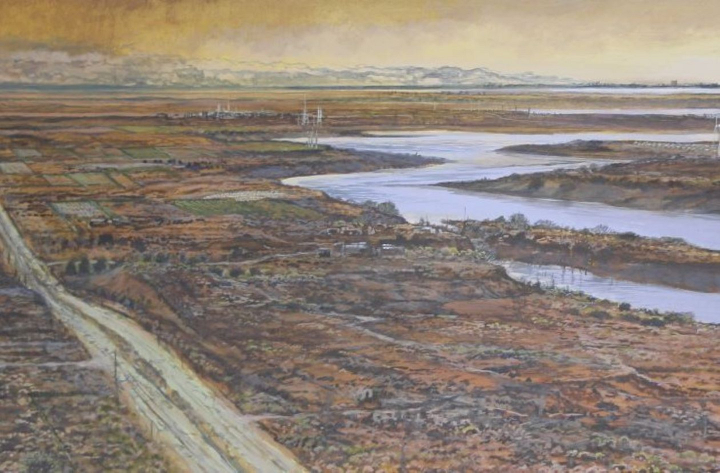 3/3 L’image illustre l’année 2500 et montre un paysage aride et un faible niveau d’eau résultant du déclin de la végétation, avec des installations rares ou dégradées et une activité humaine minimale.