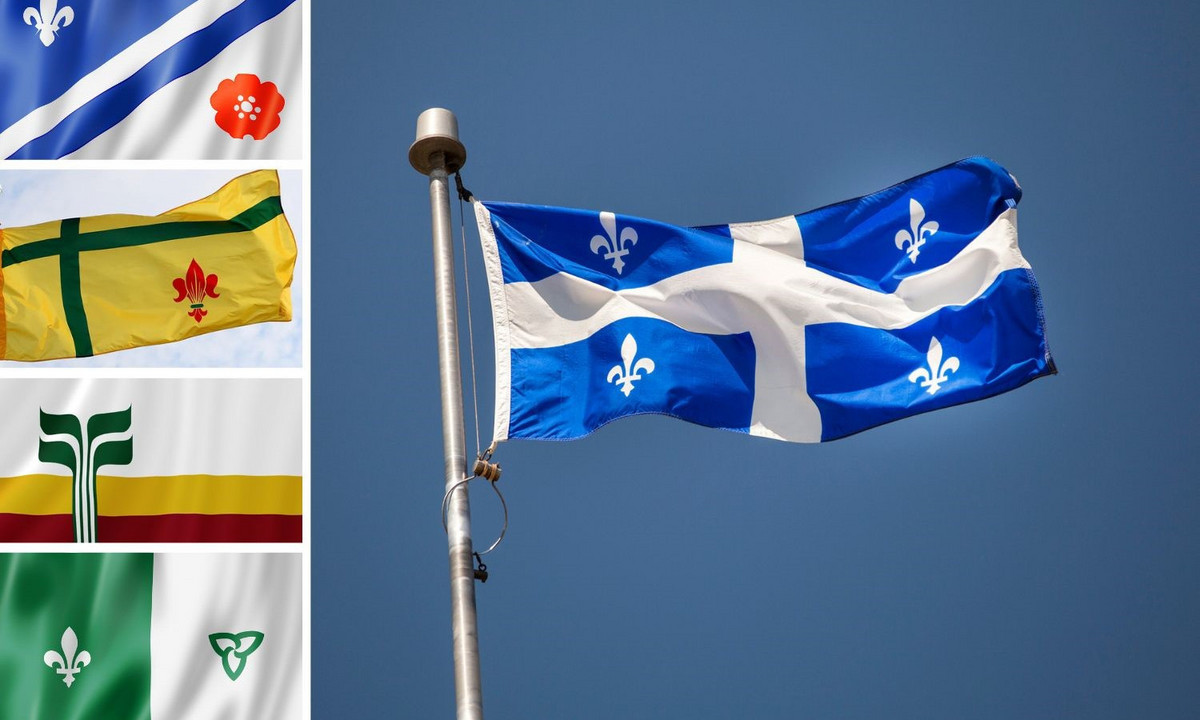 Colonne à gauche, de haut en bas: drapeau des franco-albertains, des fransaskois, des franco-manitobains, des franco-ontariens, ainsi que le drapeau québécois.