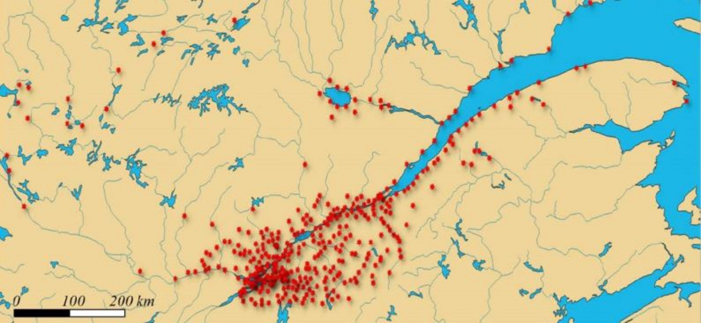 Distribution géographique des sites d'échantillonnage d'eau potable recueillie au Québec pour la présente étude