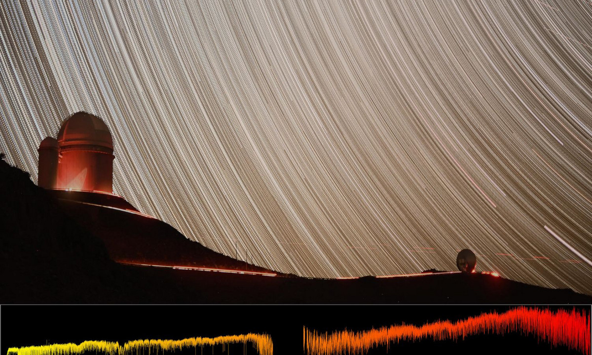 Ci-dessus: L'instrument NIRPS est installé sur le télescope de 3,6 mètres de l'observatoire de La Silla, au Chili. Ci-dessous: Spectre pris par NIRPS lors des tests préliminaires de l'étoile Proxima du Centaure, notre plus proche voisine, en juin 2023.