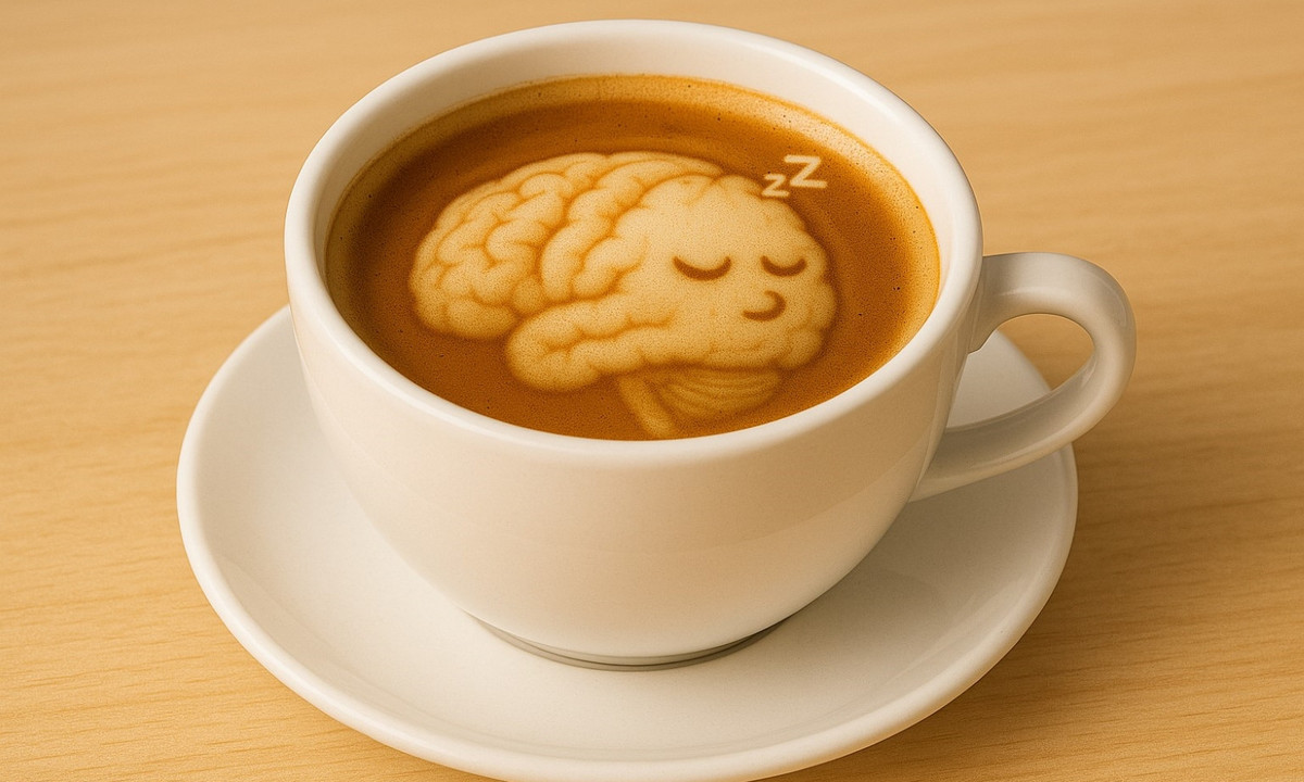 Image générée par IA représentant une tasse de café avec un latte art en forme de cerveau endormi, créée à l’aide de DALL·E / Prompt de Karim Jerbi