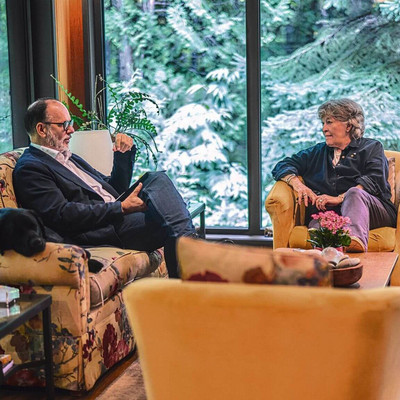 Daniel Jutras at Louise Arbour’s home (and her dog Loma’s!) in the heart of the Laurentian forest